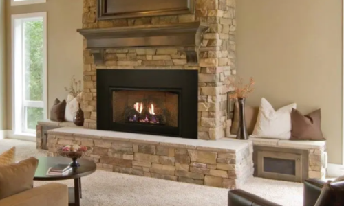 Living room with stone fireplace and decorative elements